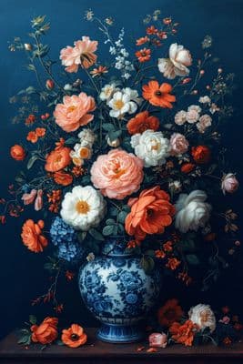 a painting of flowers in a blue and white vase