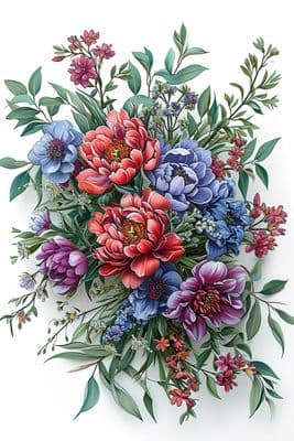 a painting of a bouquet of flowers on a white background