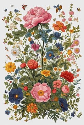 a painting of flowers and butterflies on a white background