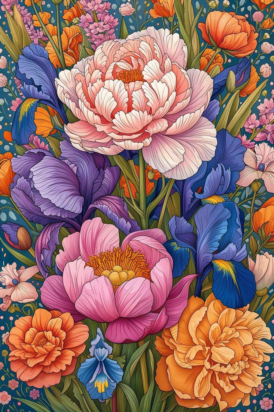 a painting of a bouquet of flowers on a blue background