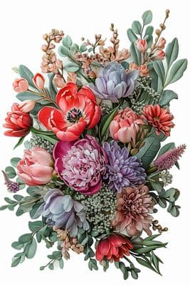 a painting of a bouquet of flowers on a white background