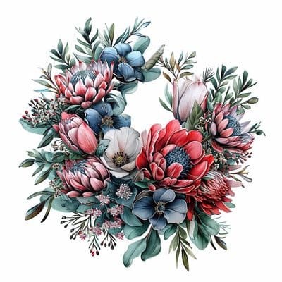a watercolor painting of a wreath of flowers
