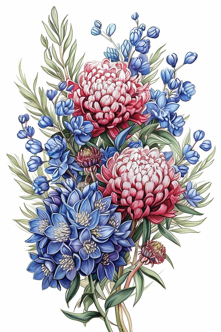 a bouquet of flowers with blue and red flowers