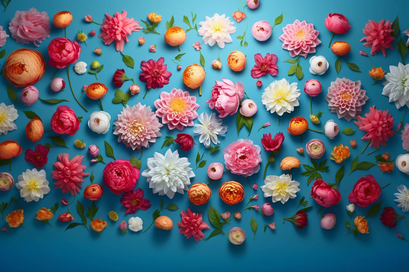 a bunch of flowers that are on a blue surface