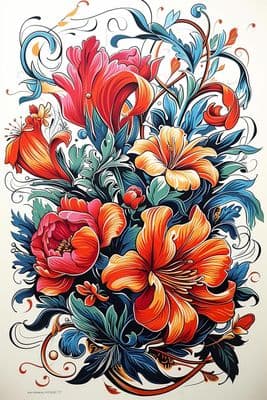 a painting of a bouquet of flowers on a white background