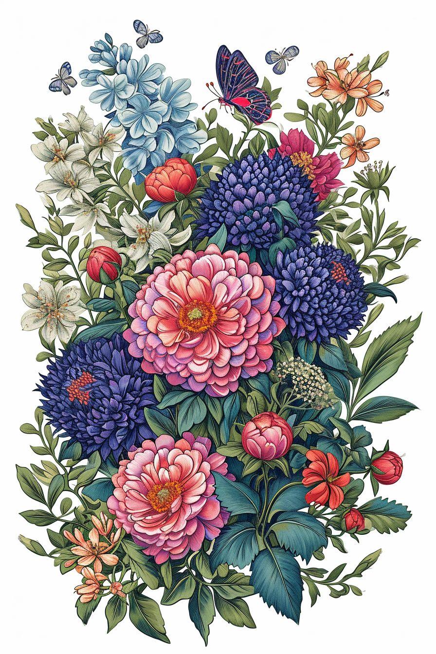 a bouquet of flowers with butterflies flying around