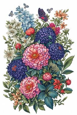 a bouquet of flowers with butterflies flying around