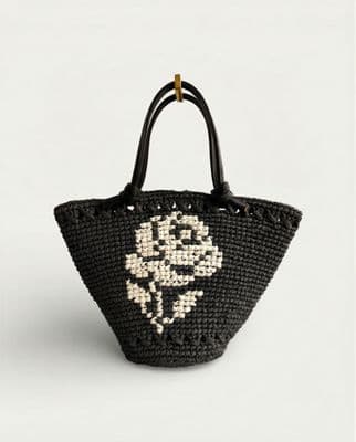 a black and white handbag with a skull on it