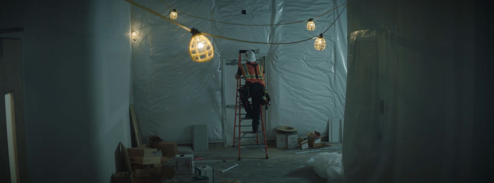a man standing on a ladder in a room