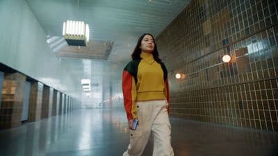 a woman standing in a hallway holding a tennis racquet