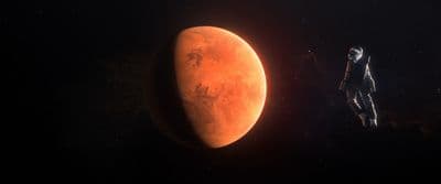 an artist's rendering of a red planet and a man in a space suit