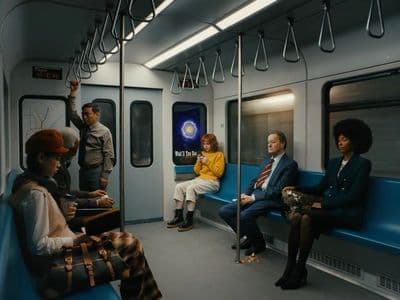 a group of people sitting on a train next to each other