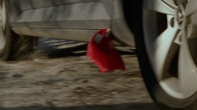 a red piece of cloth on the ground next to a car