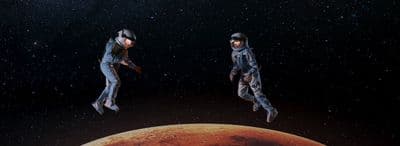 a couple of people in space suits flying over a planet