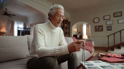 a man sitting on a couch looking at a cell phone