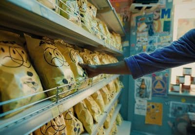 a person reaching for a bag of food in a store