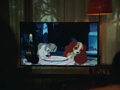 a television screen with a cartoon of lady and the tramp on it