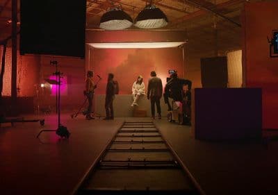 a group of people standing in a room