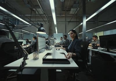 a woman sitting at a desk in an office
