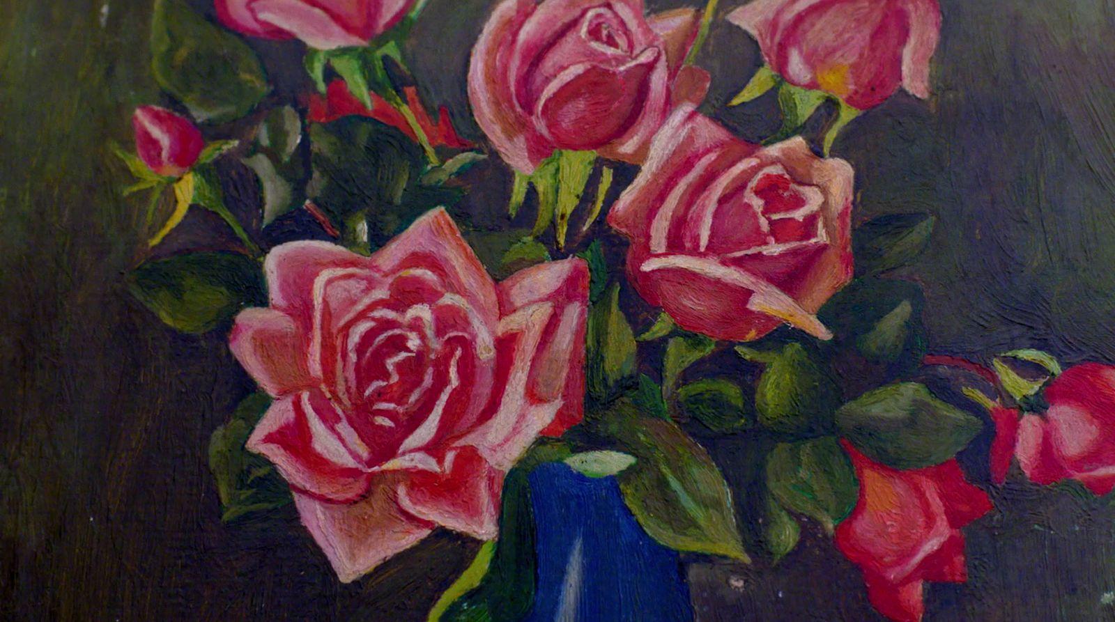 a painting of pink roses in a blue vase