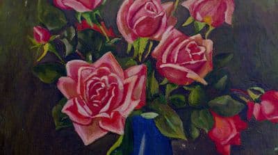 a painting of pink roses in a blue vase