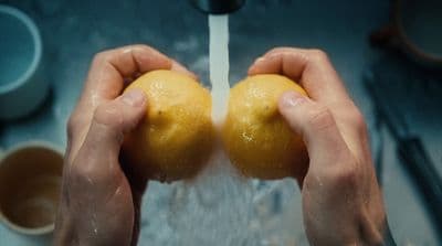 a person holding two oranges in their hands