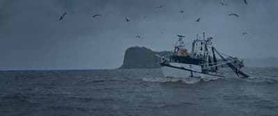 a boat in the ocean with birds flying around