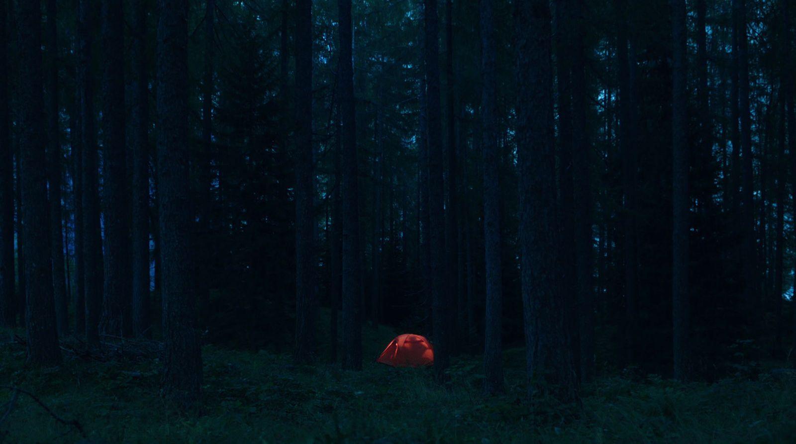 a red tent in the middle of a dark forest