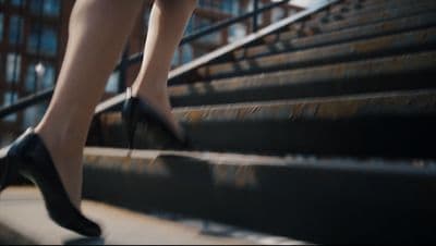 a woman in high heels walking down a flight of stairs