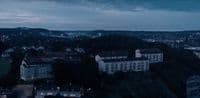 an aerial view of a city at night