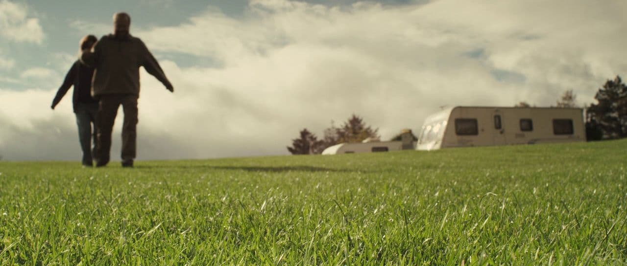a man and a woman walking through a field