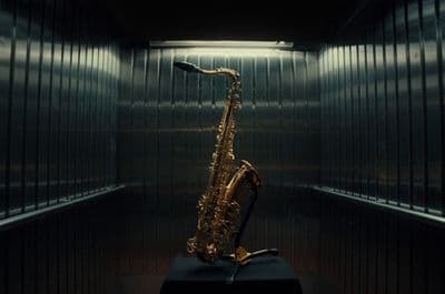 a saxophone sitting on top of a table in a room