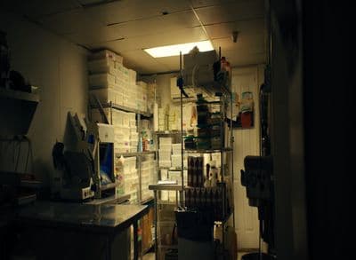 a kitchen with a lot of boxes on the wall
