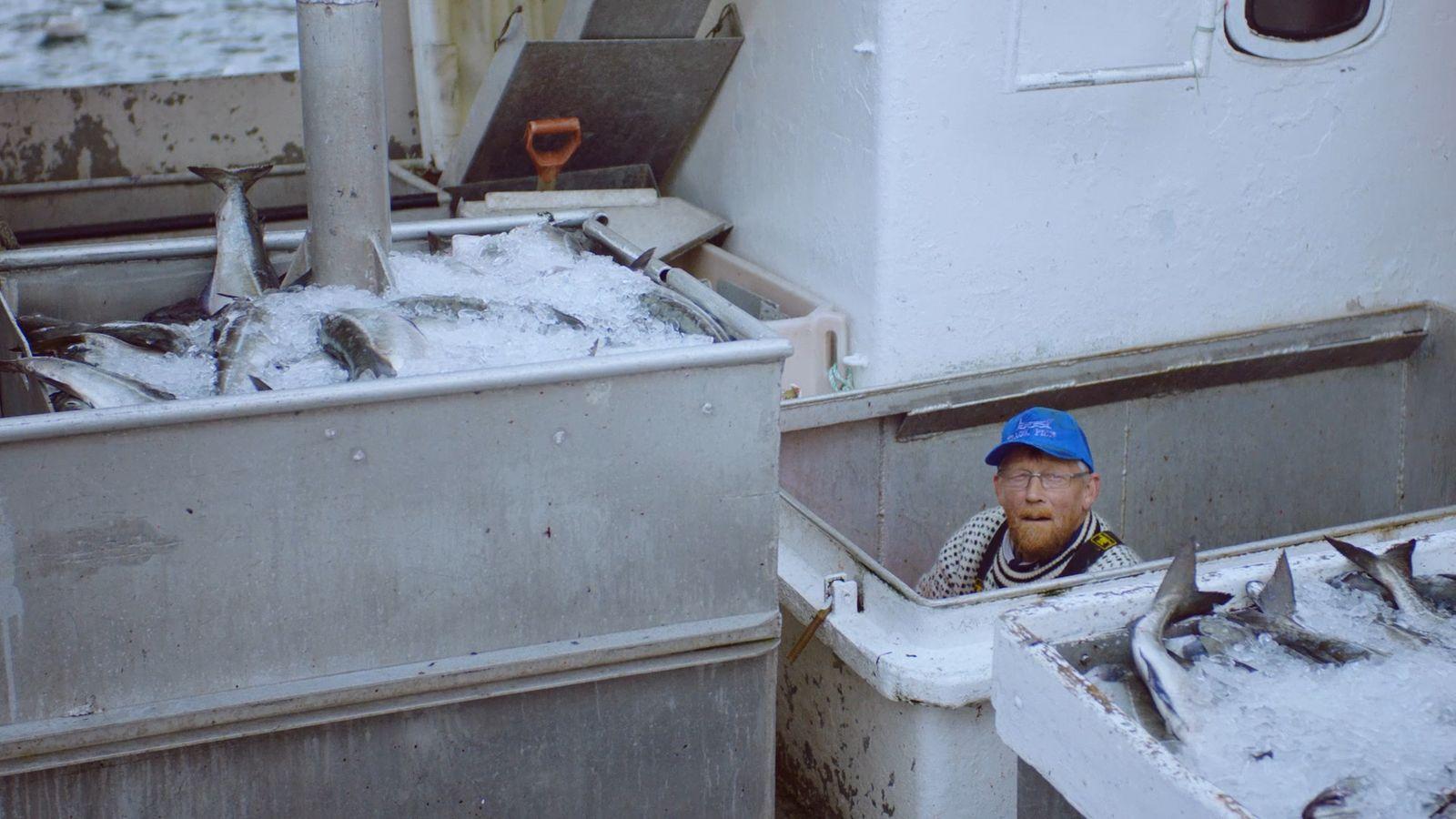 a man standing next to a bunch of fish