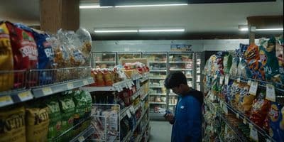 a person standing in a store looking at food