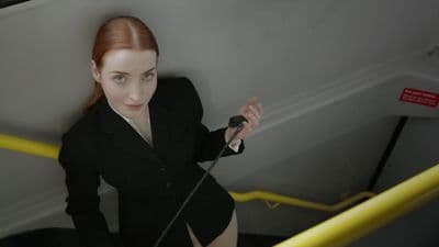 a woman in a black suit is standing on a yellow rail