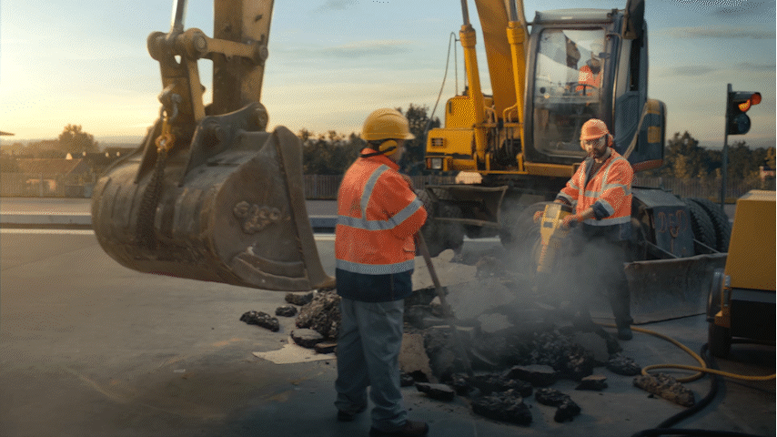 a couple of men standing next to a bulldozer