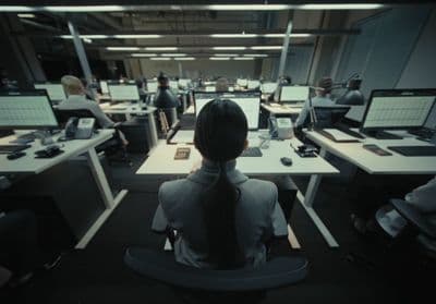 a woman sitting at a desk in an office