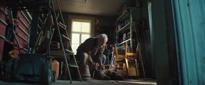 a man working on a piece of furniture in a room