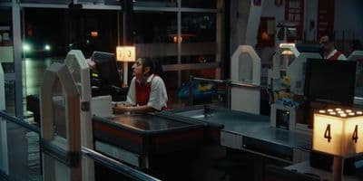 a woman sitting at a counter in a restaurant