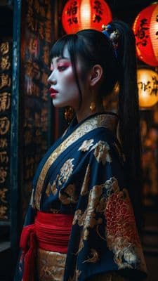 a woman in a geisha outfit with oriental writing on the wall
