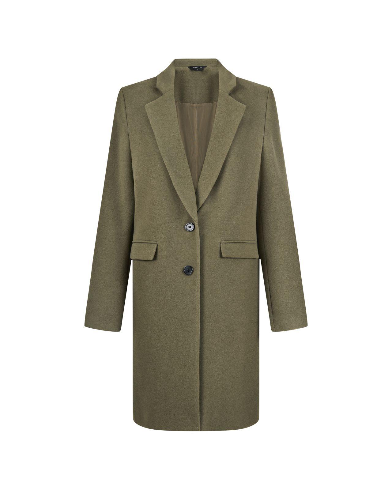 a green coat with a black button on the lapel