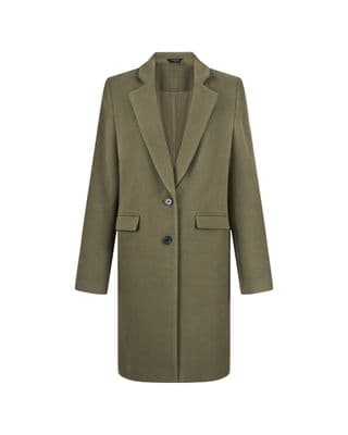 a green coat with a black button on the lapel