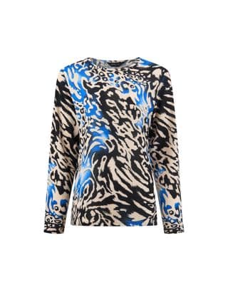a blue and black animal print top