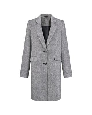 a gray coat with a black shirt underneath it