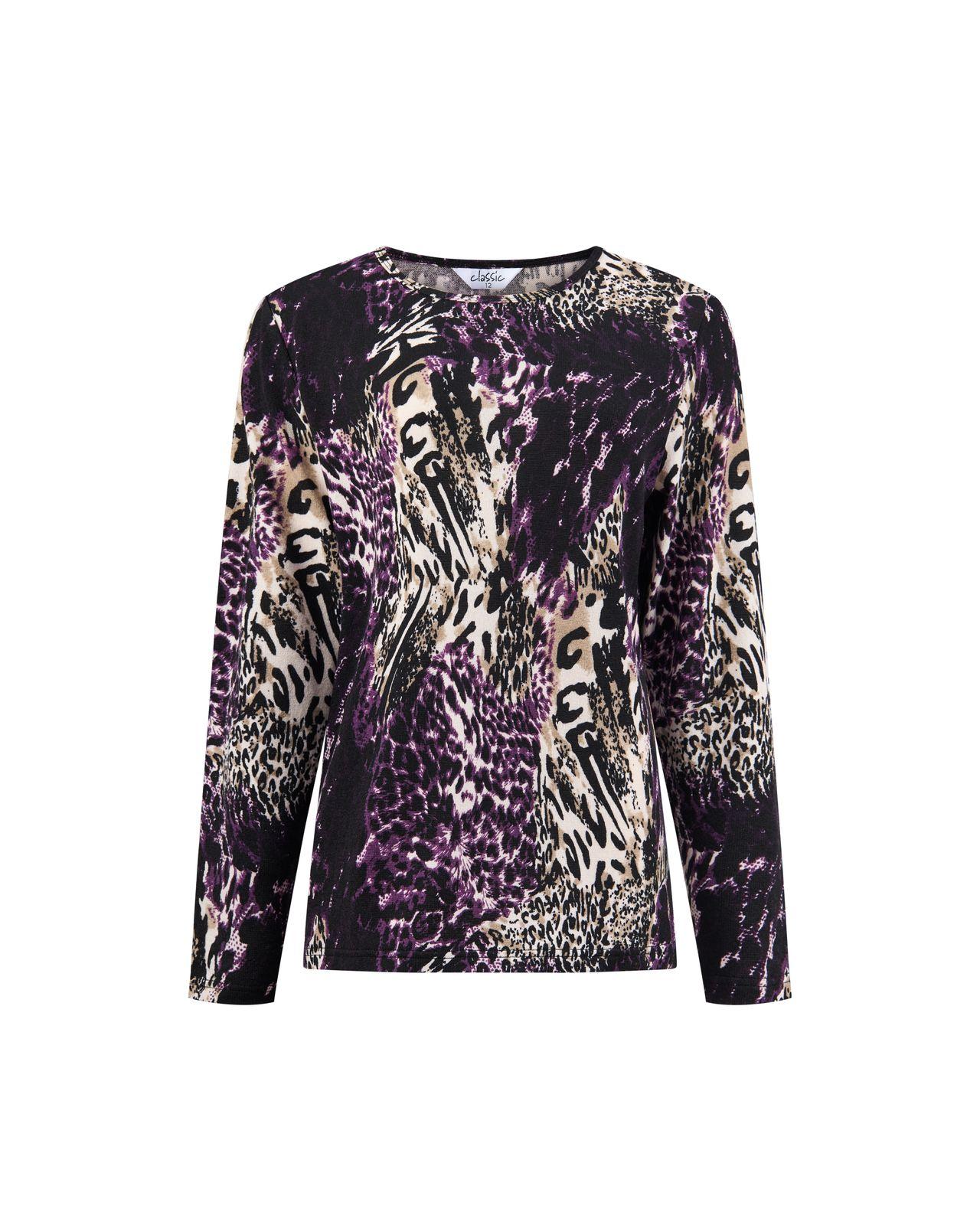 a women's top with a purple and black animal print