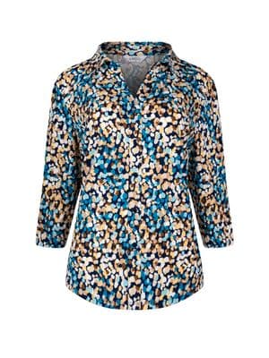 a women's blouse with a multicolored pattern