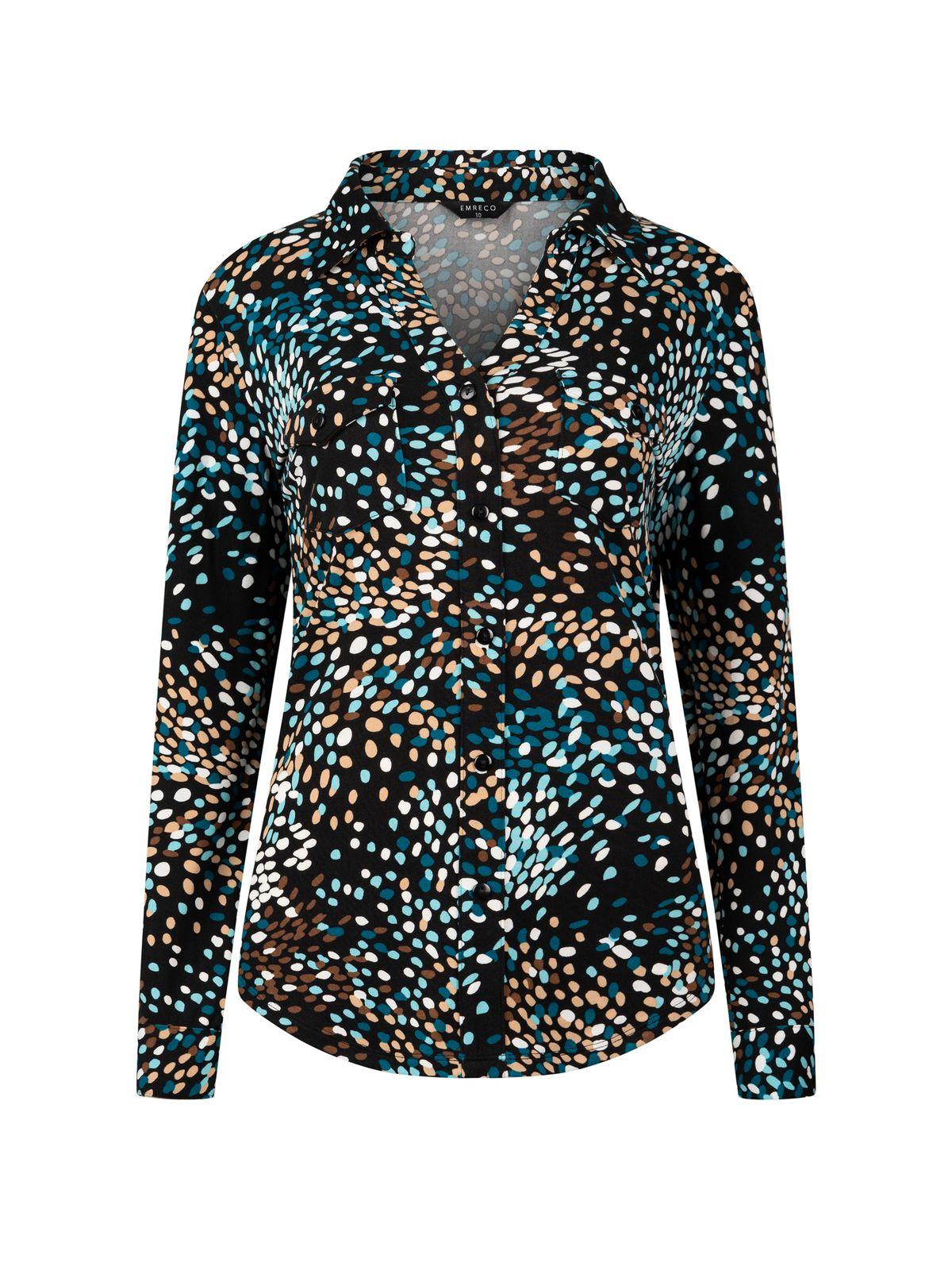 a women's blouse with a multicolored pattern