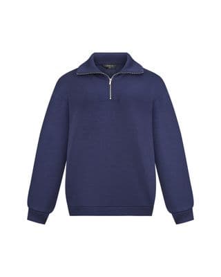 a blue sweatshirt with a zipper on the chest