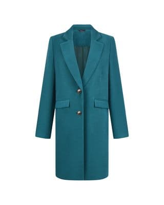 a blue coat with a gold button on the lapel